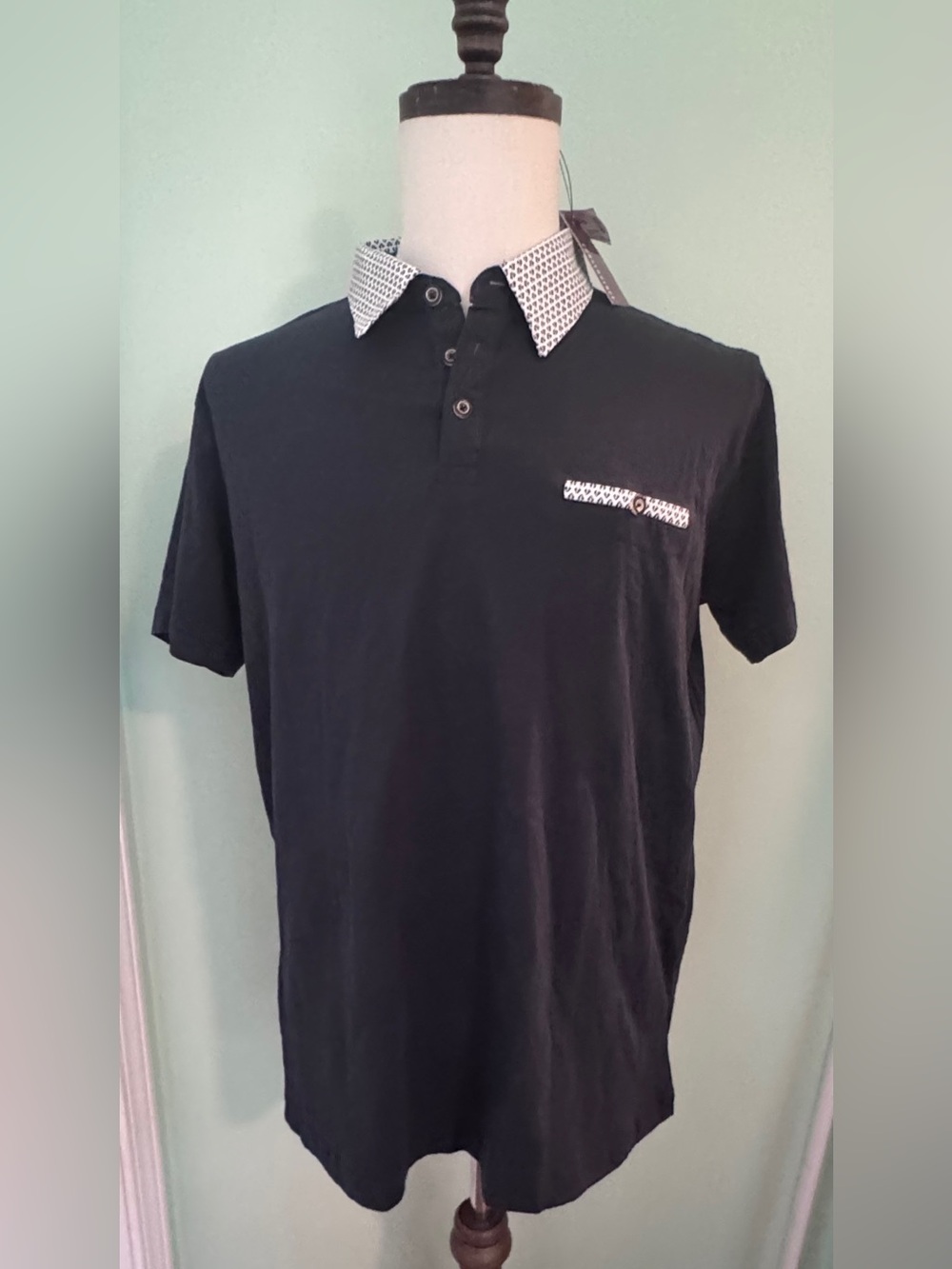 ❤️Men's Navy Short-Sleeve Polo with Patterned Contrast Collar